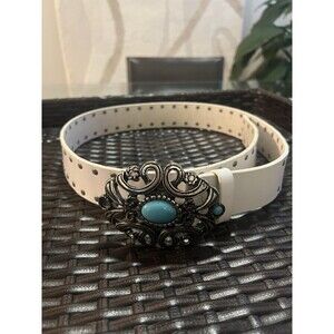 WCM Italian Studded Leather Belt Western Buckle Fits 31” To 35” Length 40” White